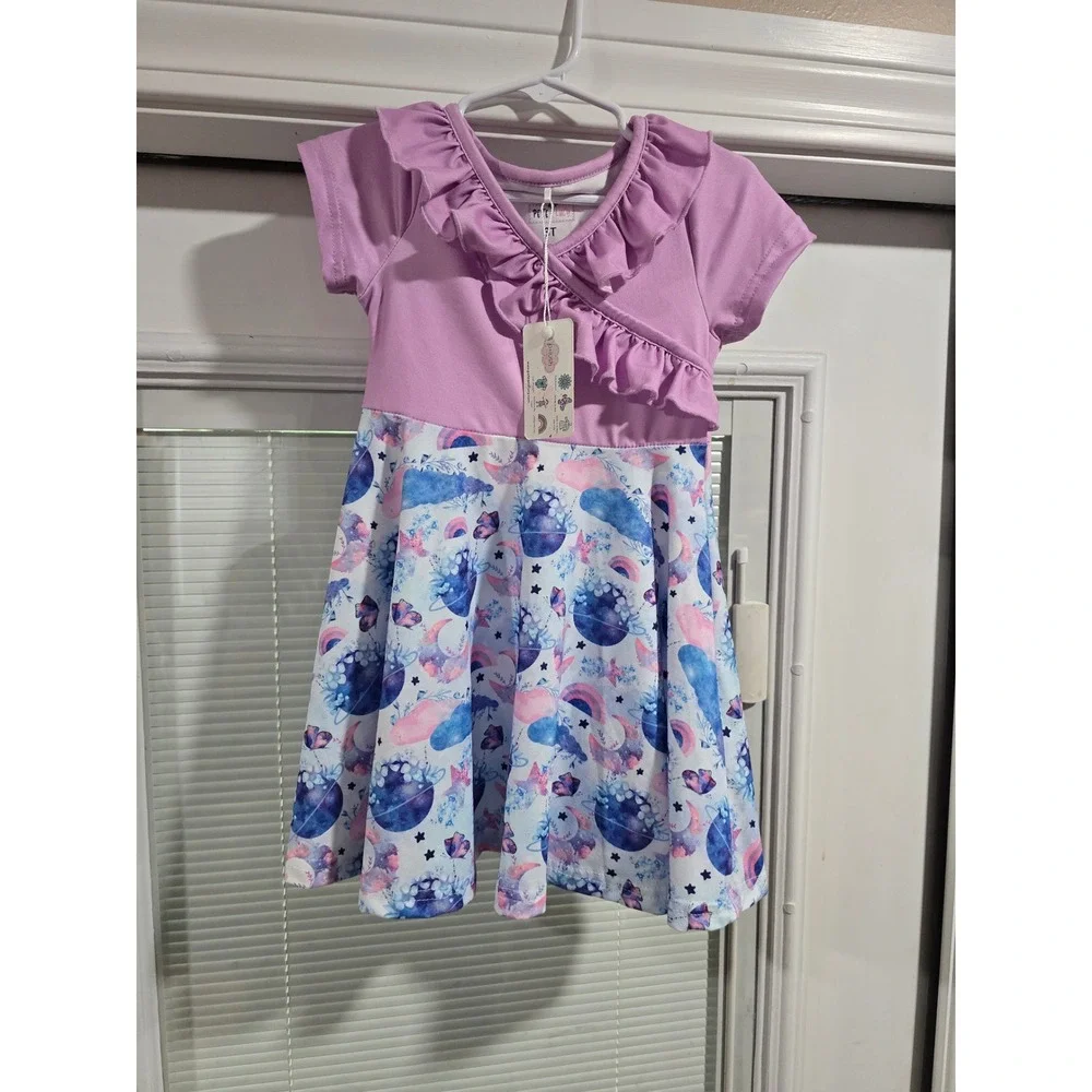 Pete + Lucy Girls 3T Space Planet Ruffle Dress Lavender Blue Pink New With Tags